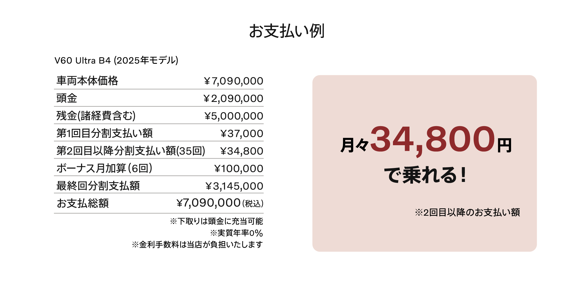お支払い例 月々34,800円で乗れる！※2回目以降のお支払い額