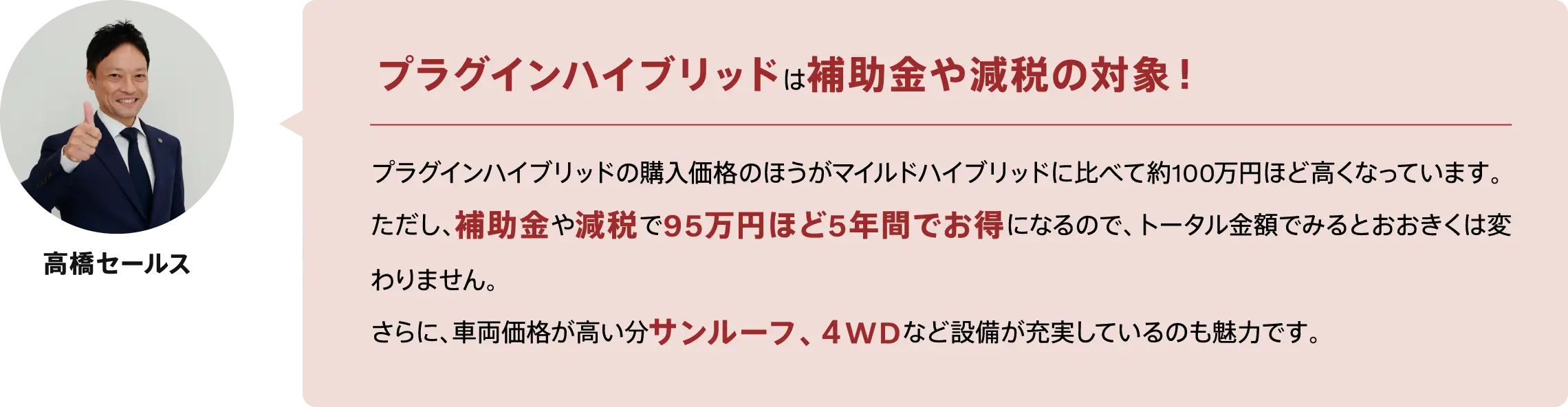 プラグインハイブリッドは補助金や減税の対象！プラグインハイブリッドの購入価格のほうがマイルドハイブリッドに比べて約100万円ほど高くなっています。
ただし、補助金や減税で95万円ほど5年間でお得になるので、トータル金額でみるとおおきくは変わりません。
さらに、車両価格が高い分サンルーフ、４WDなど設備が充実しているのも魅力です。